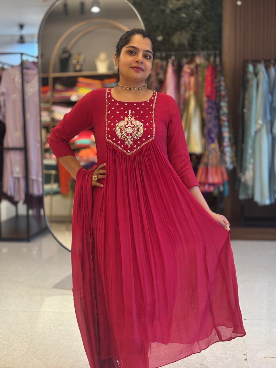 Maroon Mul silk Thread Embroidery Airline Kurtha 909