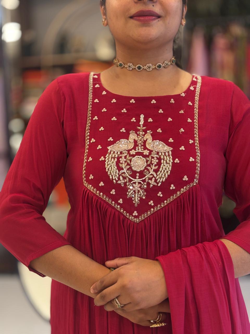 Maroon Mul silk Thread Embroidery Airline Kurtha 909