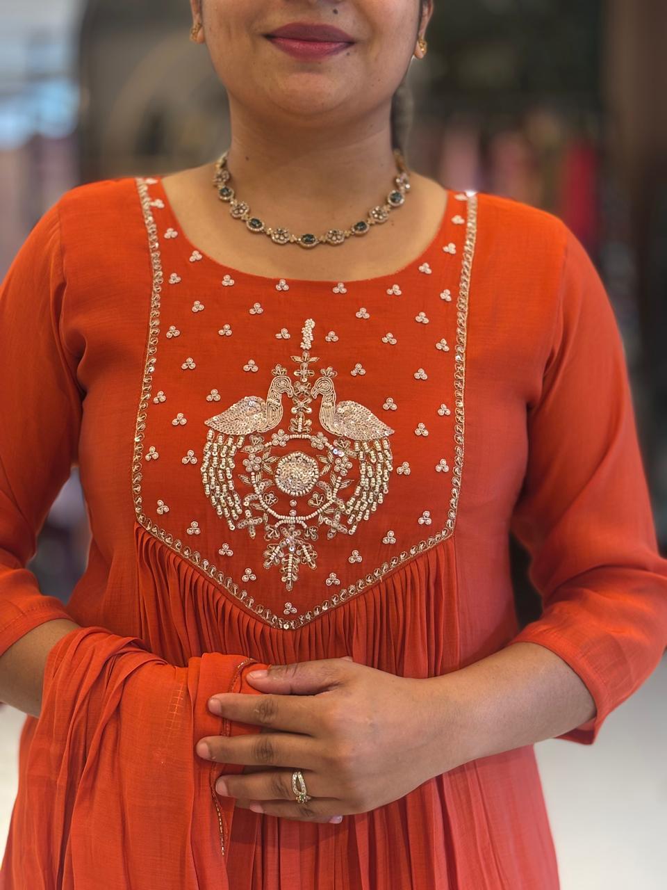 Orange Mul silk Thread Embroidery Airline Kurtha 909