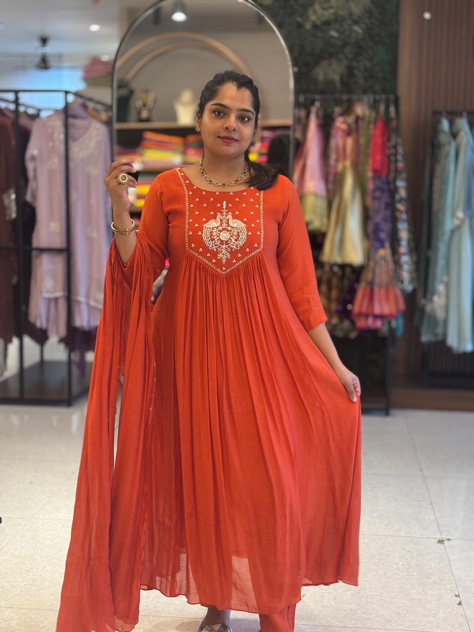 Orange Mul silk Thread Embroidery Airline Kurtha 909