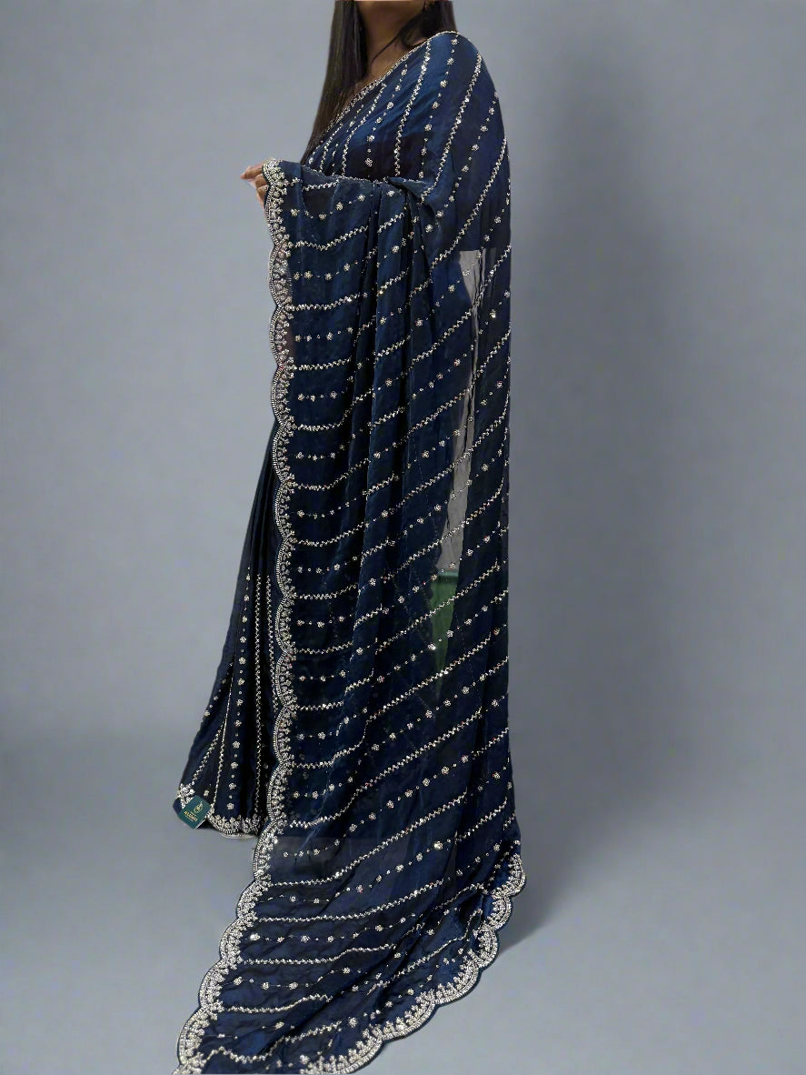 Navy blue Elegant Party Wear Saree with Scallop Border Design – Graceful & Stylish,party wear scallop-09