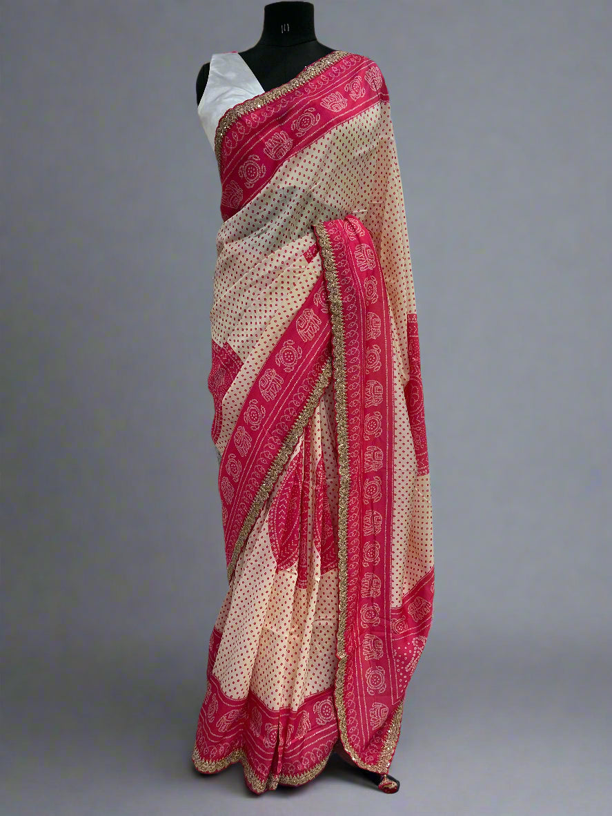 Cream n pink bandini scallop party wear dola saree