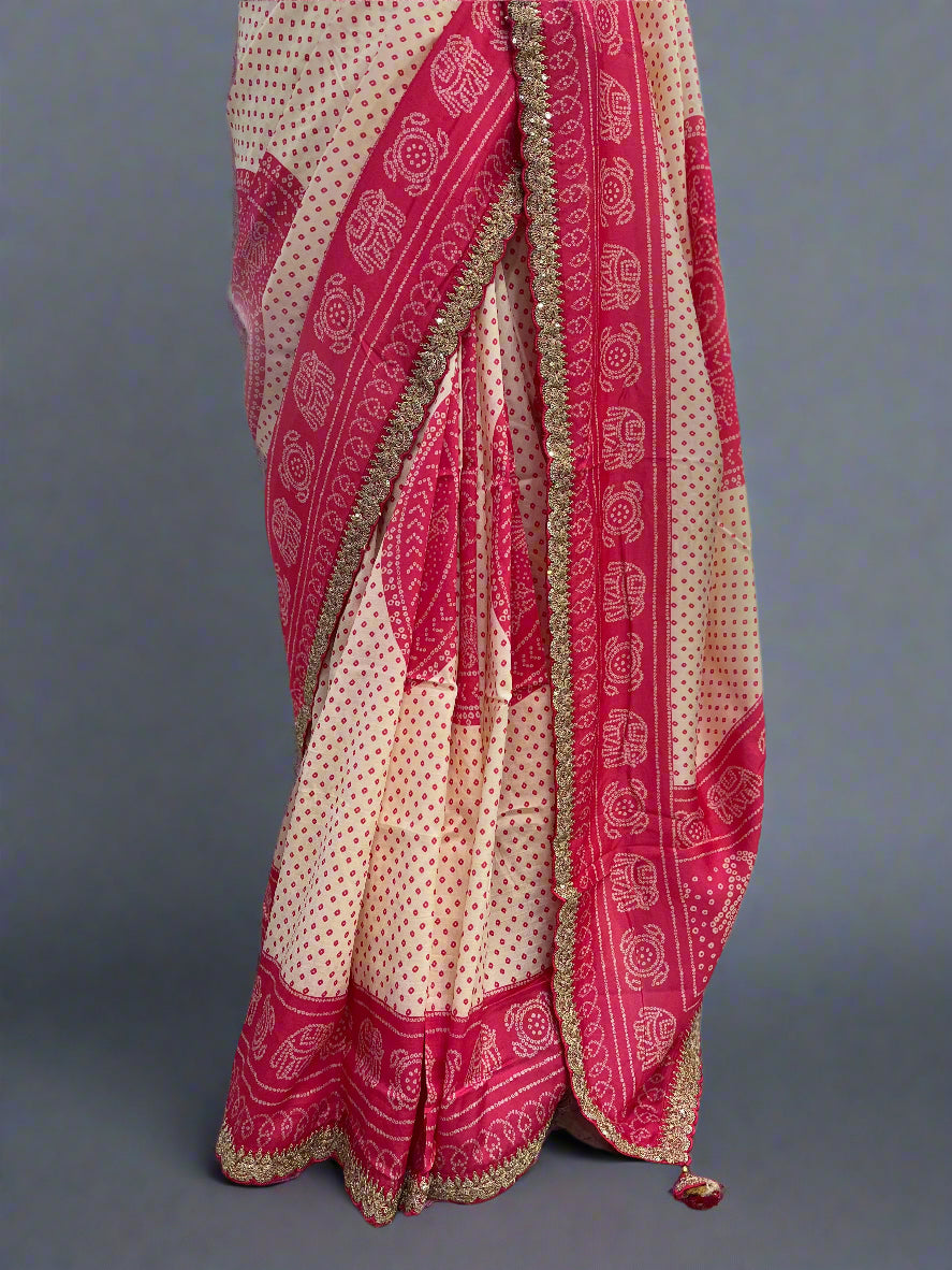Cream n pink bandini scallop party wear dola saree