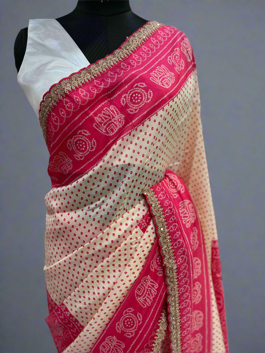 Cream n pink bandini scallop party wear dola saree