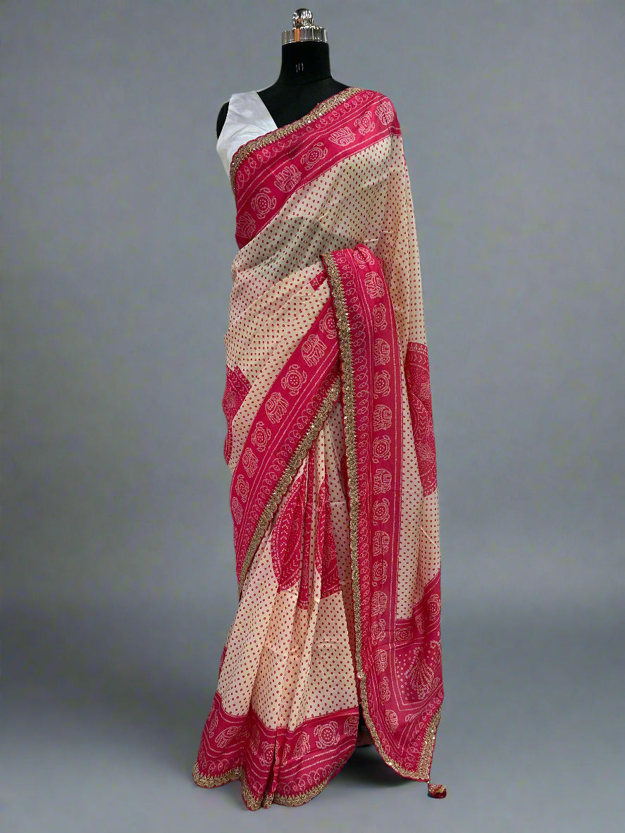 Cream n pink bandini scallop party wear dola saree