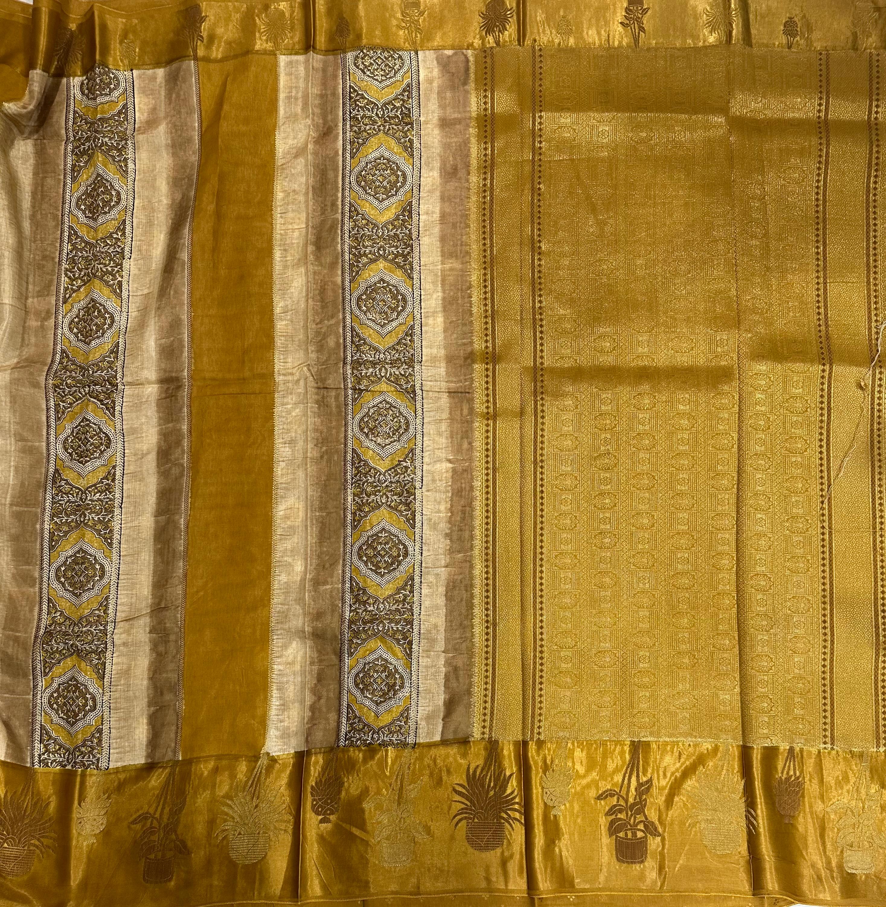 Yellow Elegant Dola Silk Fabric with Satin Border & Striped Design – Premium Ethnic Wear Material