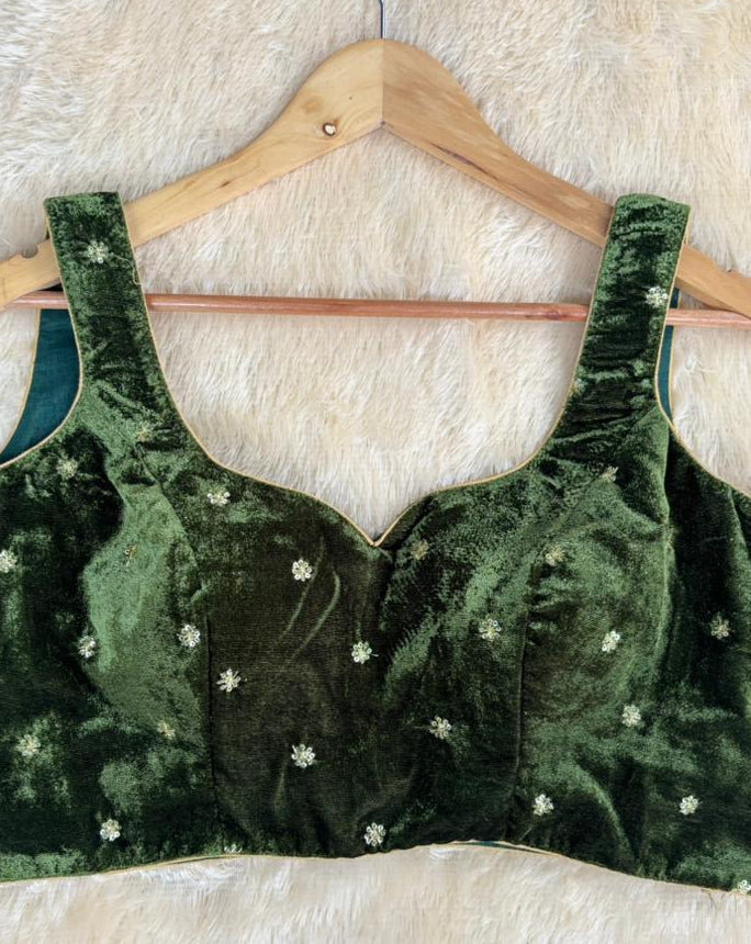 Mehandi green velvet sleeveless blouse