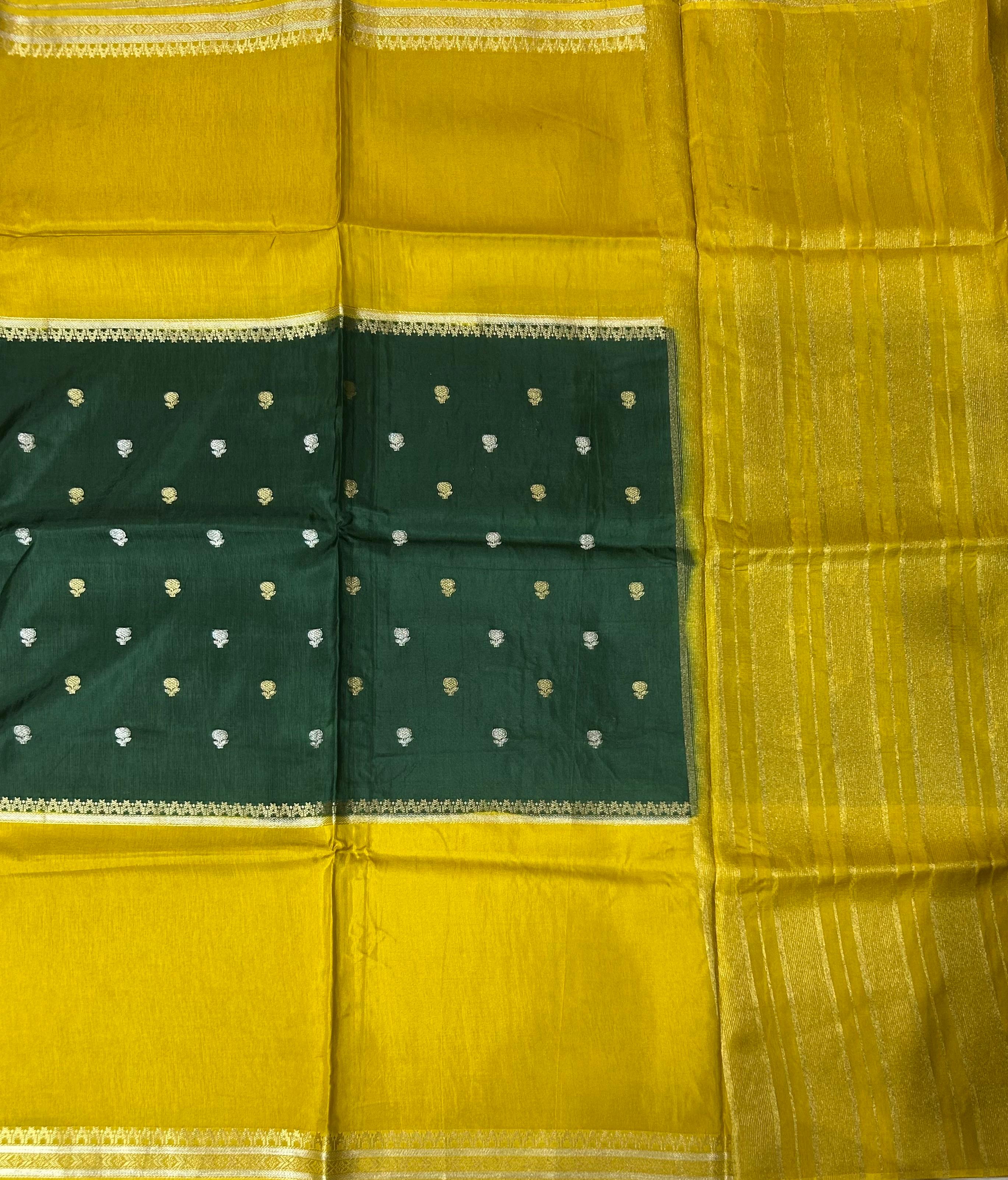 Bottle green n yellow Elegant Semi Mysore-09 Silk Saree with Beautiful Zari Border