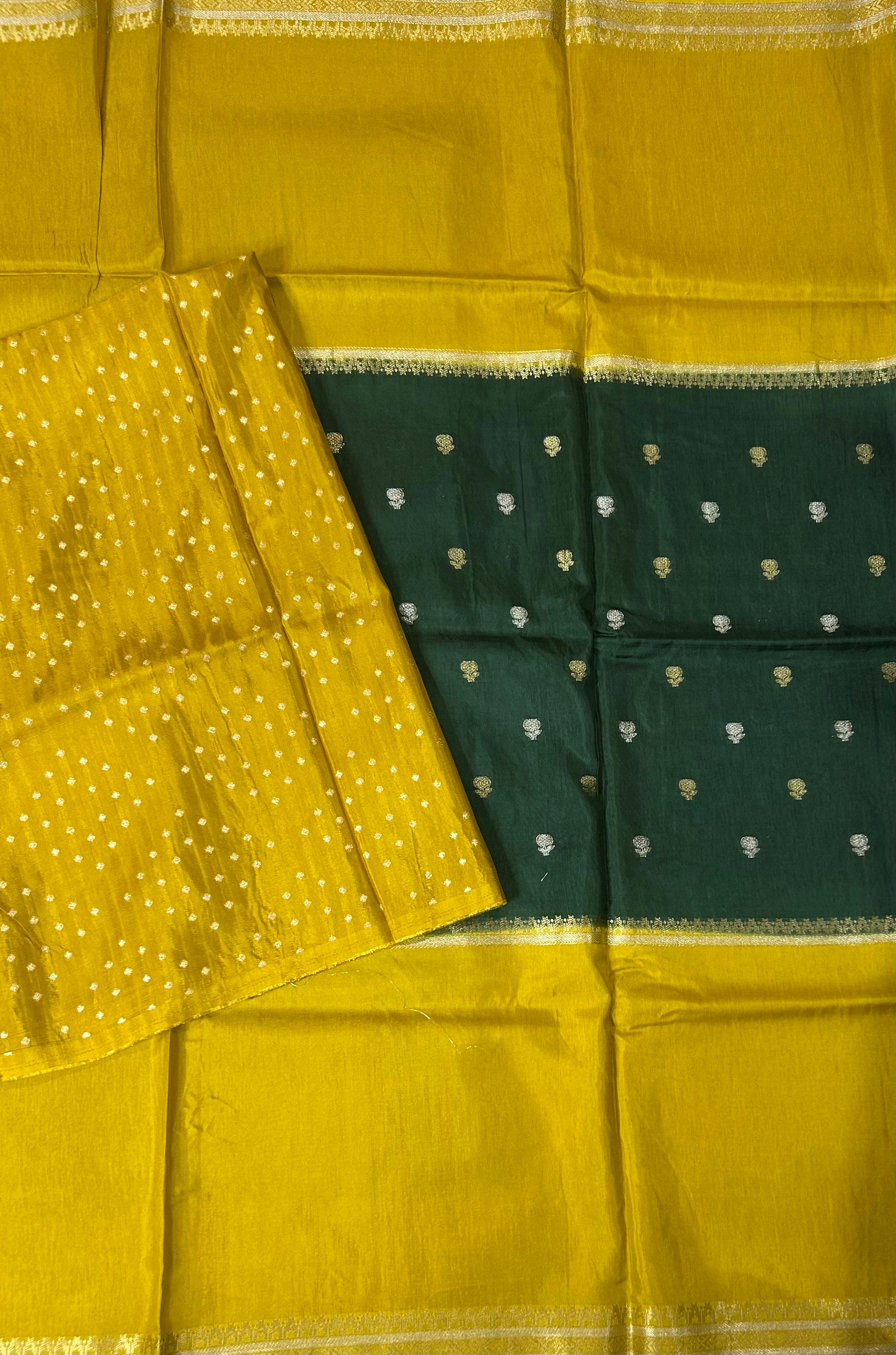 Bottle green n yellow Elegant Semi Mysore-09 Silk Saree with Beautiful Zari Border