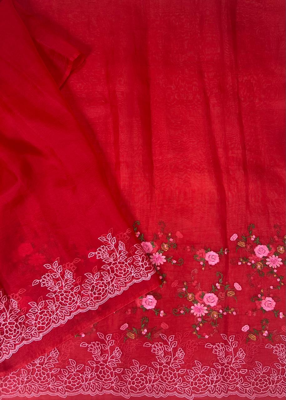 Red Premium Pure Organza Allover Embroidery work-09 Saree