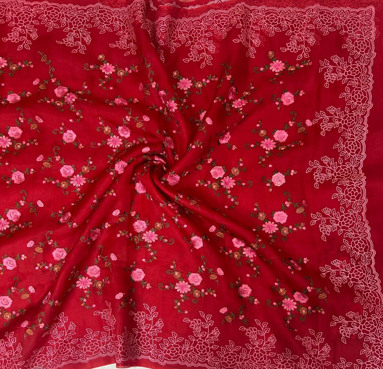 Red Premium Pure Organza Allover Embroidery work-09 Saree