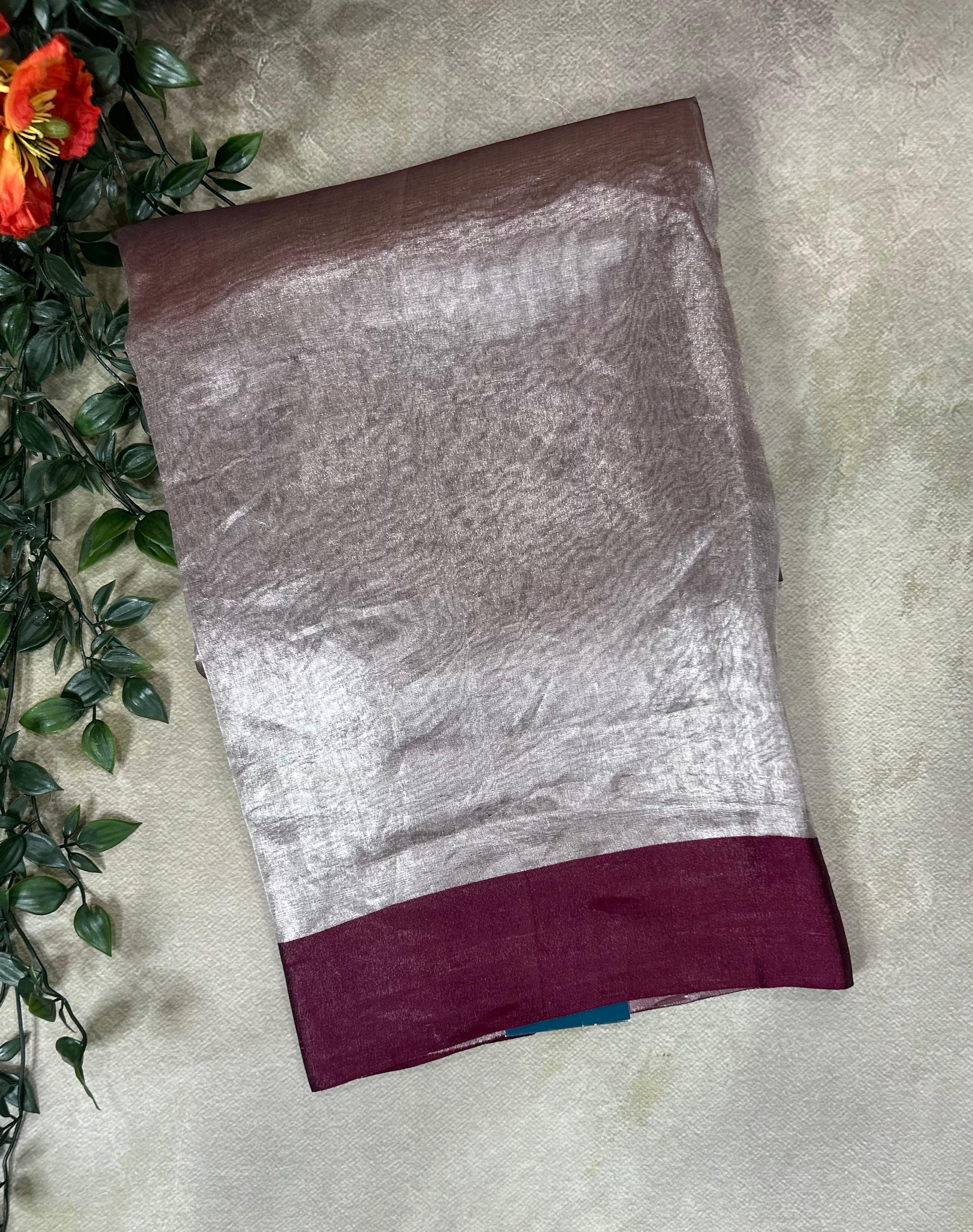 Wine Lightweight Pure Tissue Satin Border Saree