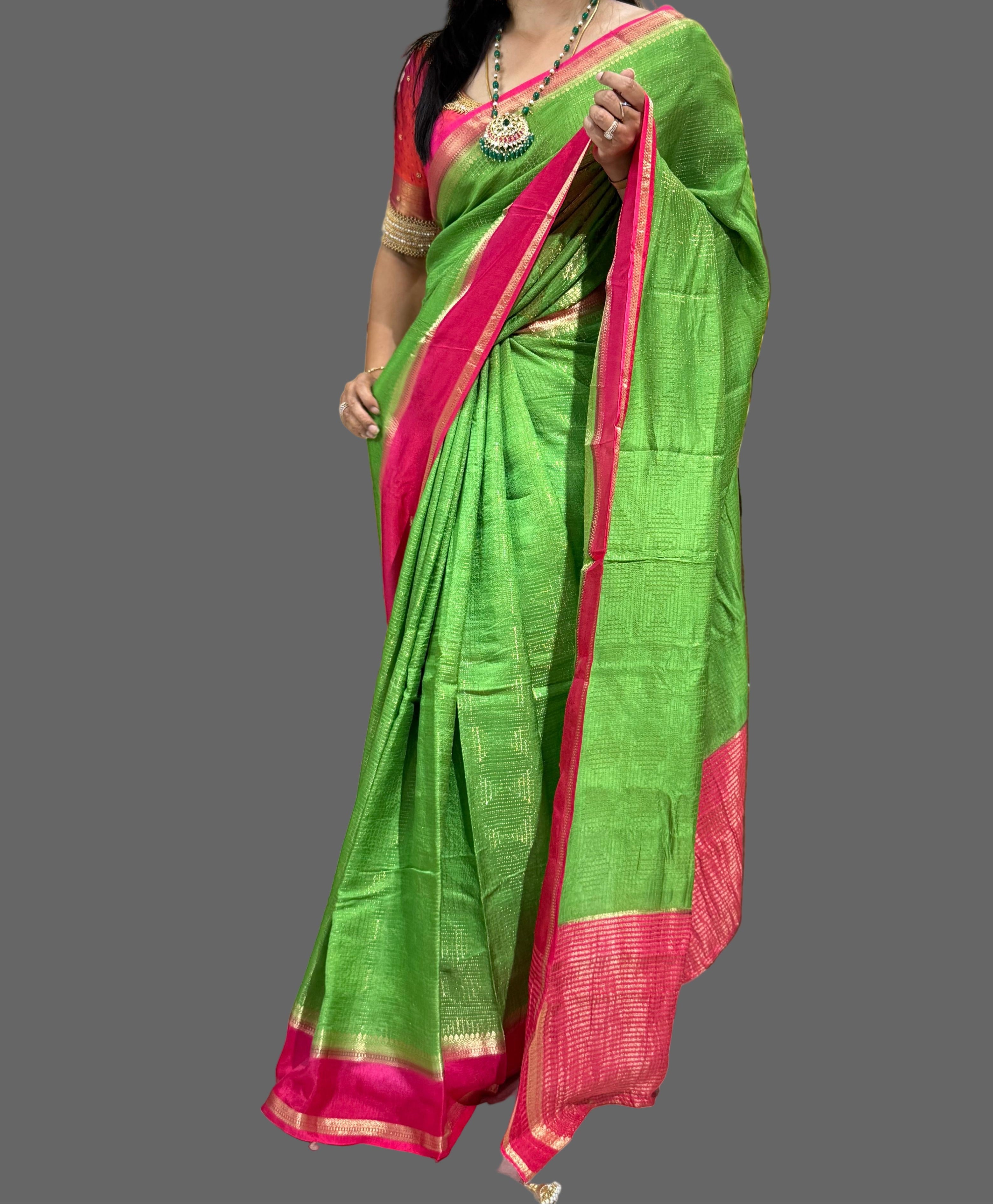 Parrot green n pink dola silk saree