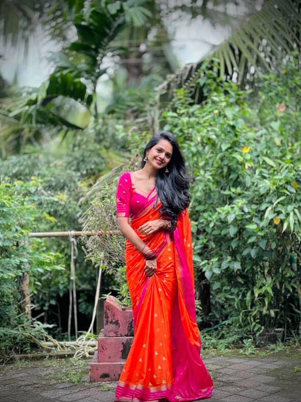 Rajatha - Orange n pink stripes border soft silk saree