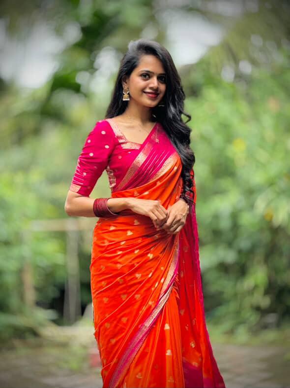 Rajatha - Orange n pink stripes border soft silk saree