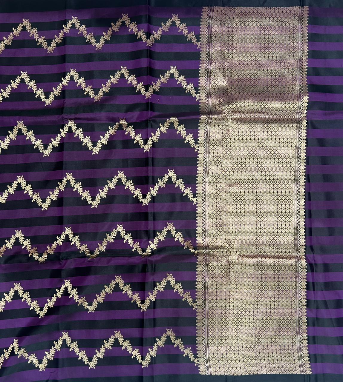 Purple n black stripes satin lightweight banarasi-10 silk saree