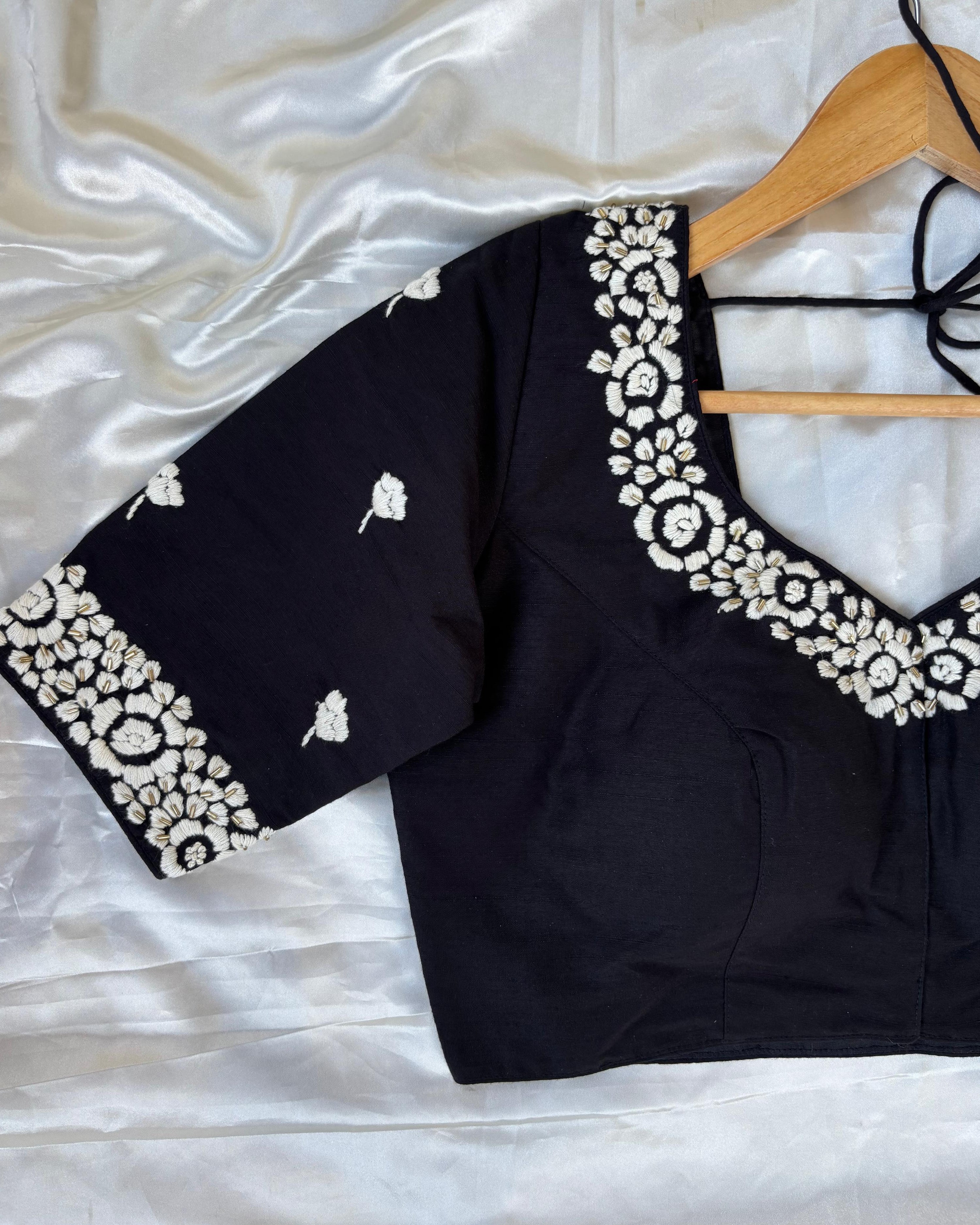 Black embrodiery raw silk blouse