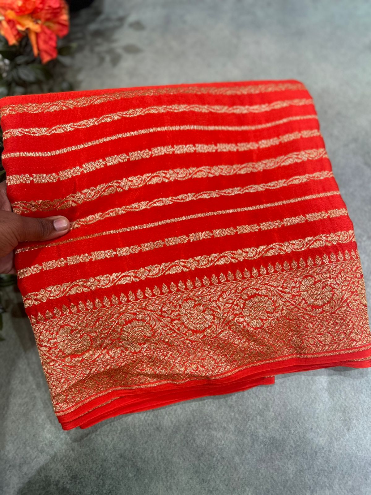 Orange stripes banarasi pure crepe-11 saree