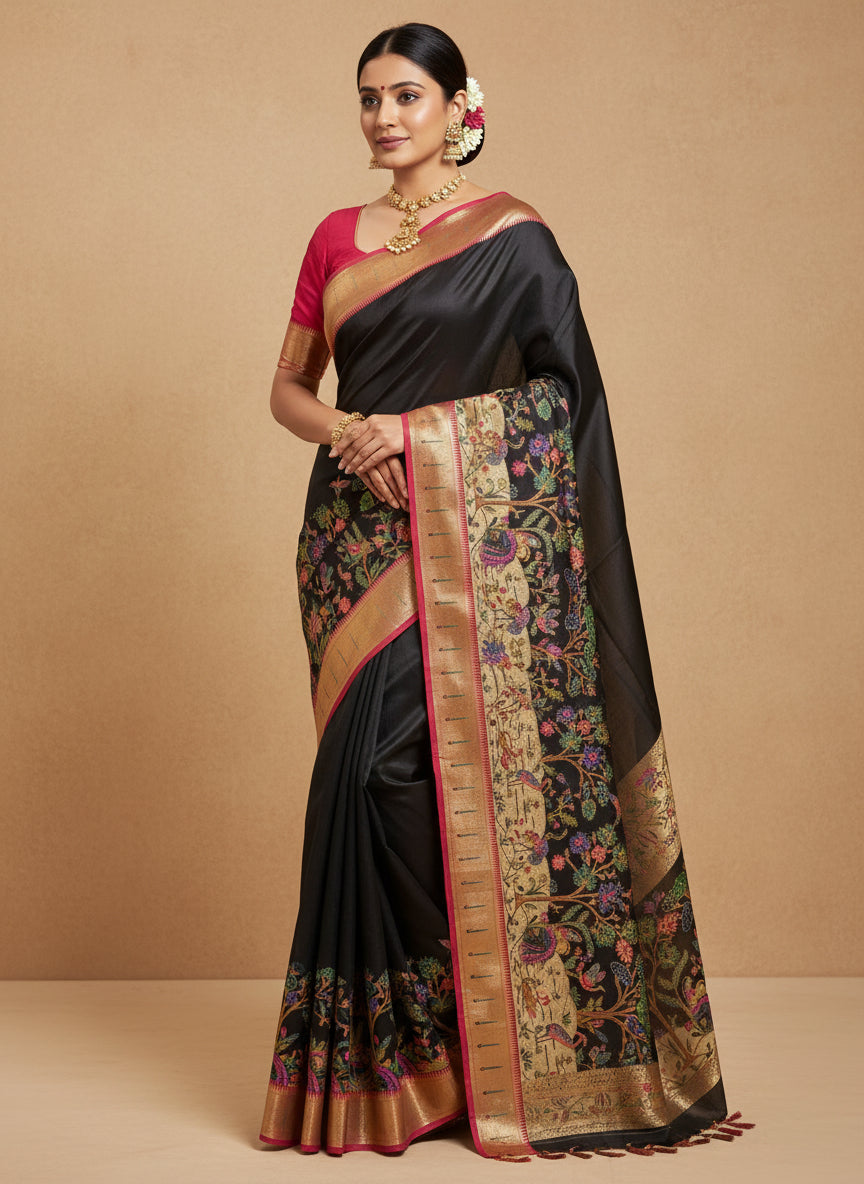 Black dola  paithani border crepe silk saree