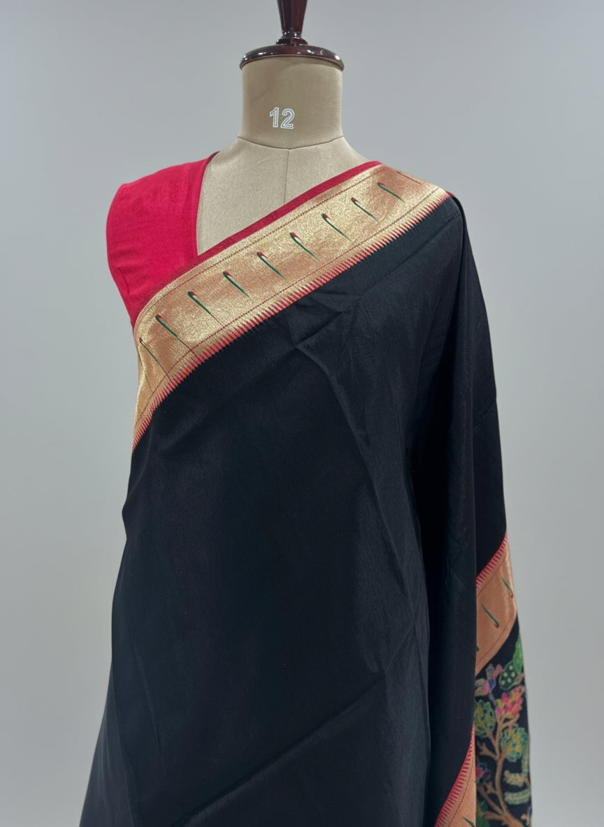 Black dola  paithani border crepe silk saree