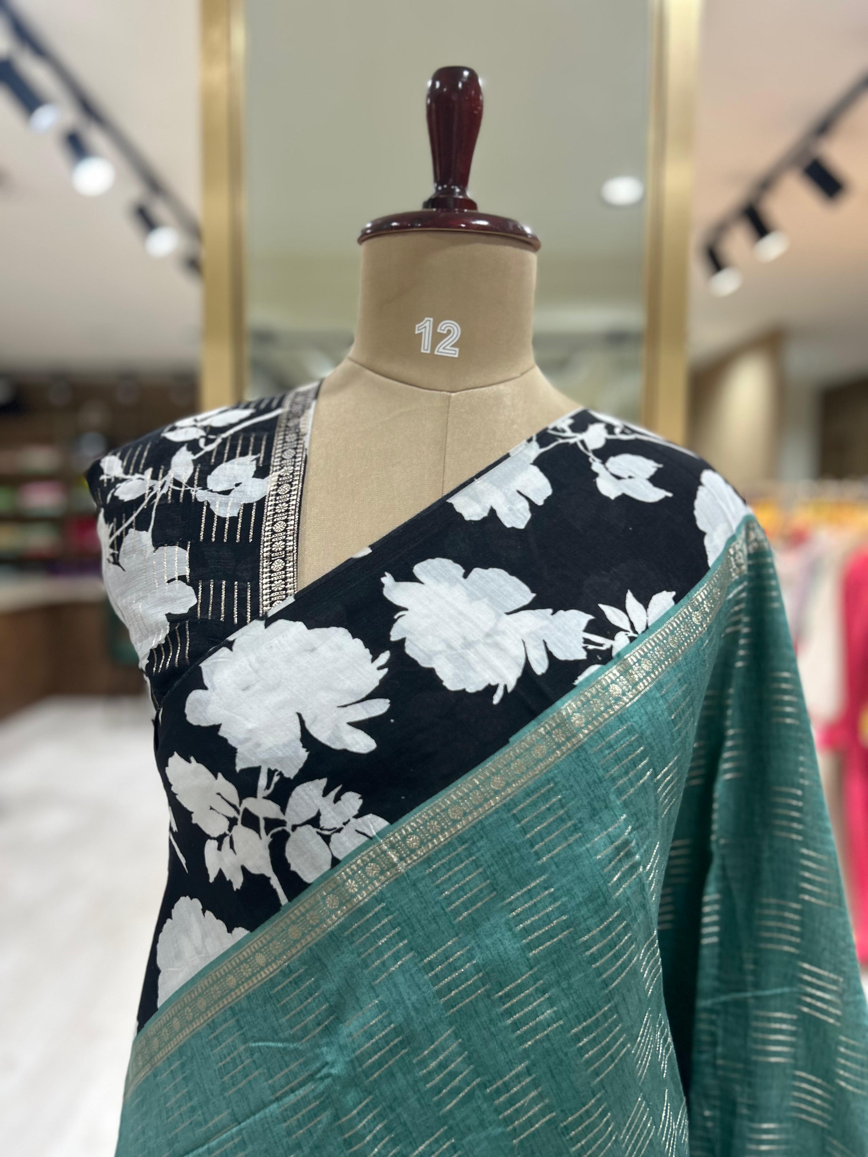 Light rama green stripes n digital print border tussar crepe-11  saree