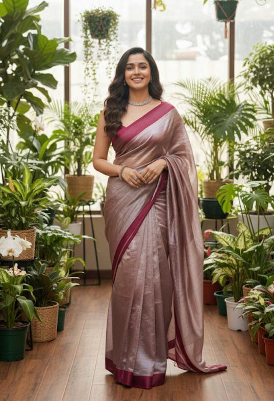 Wine Lightweight Pure Tissue Satin Border Saree
