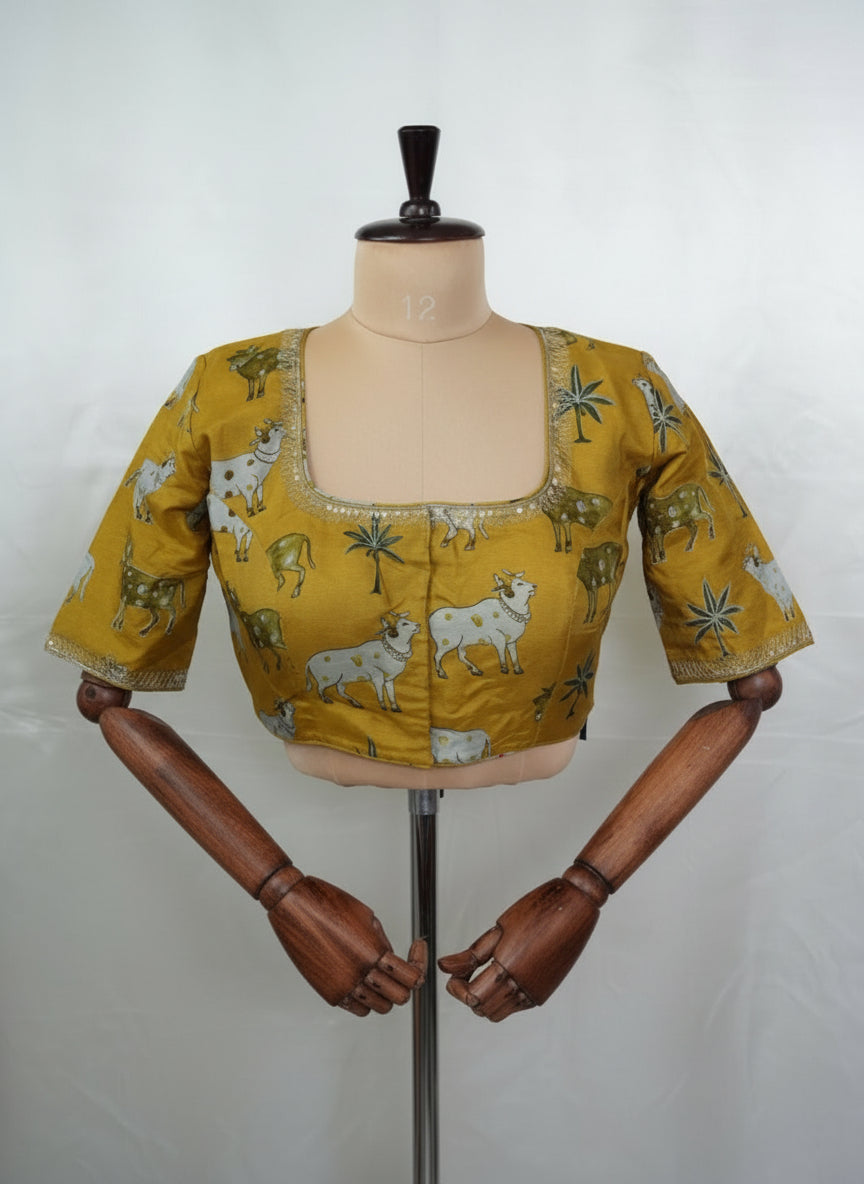 Mustard yellow pichwai silk blouse