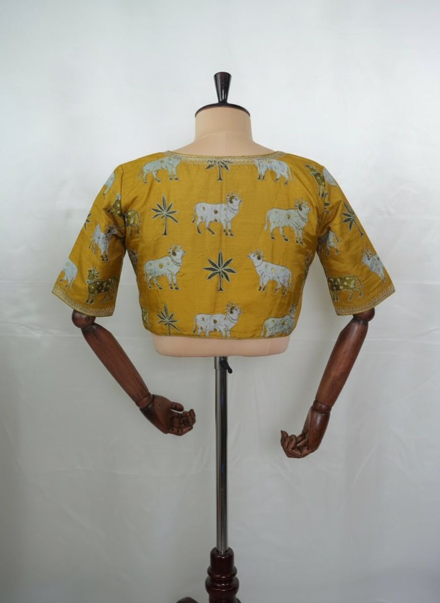 Mustard yellow pichwai silk blouse