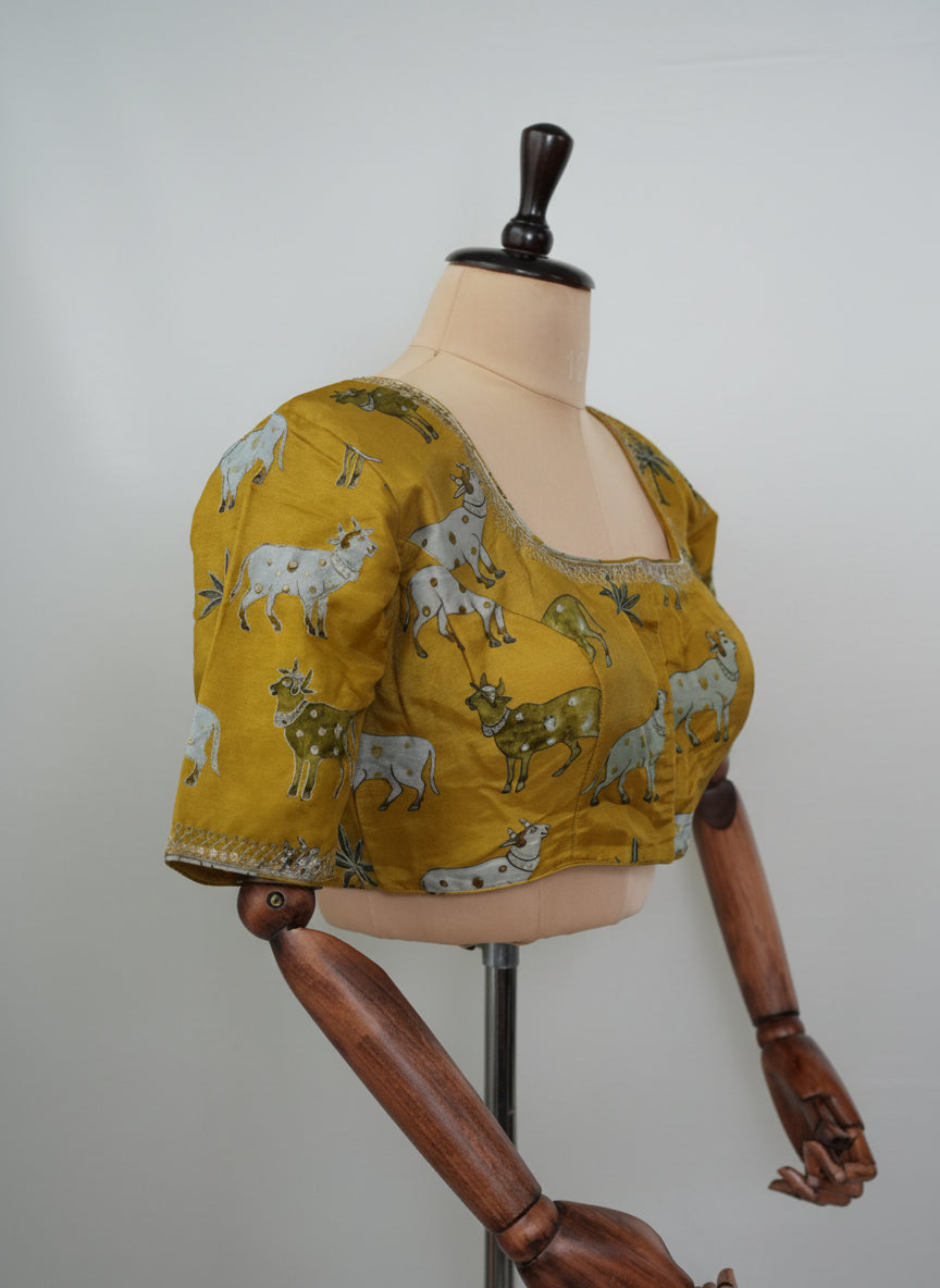 Mustard yellow pichwai silk blouse