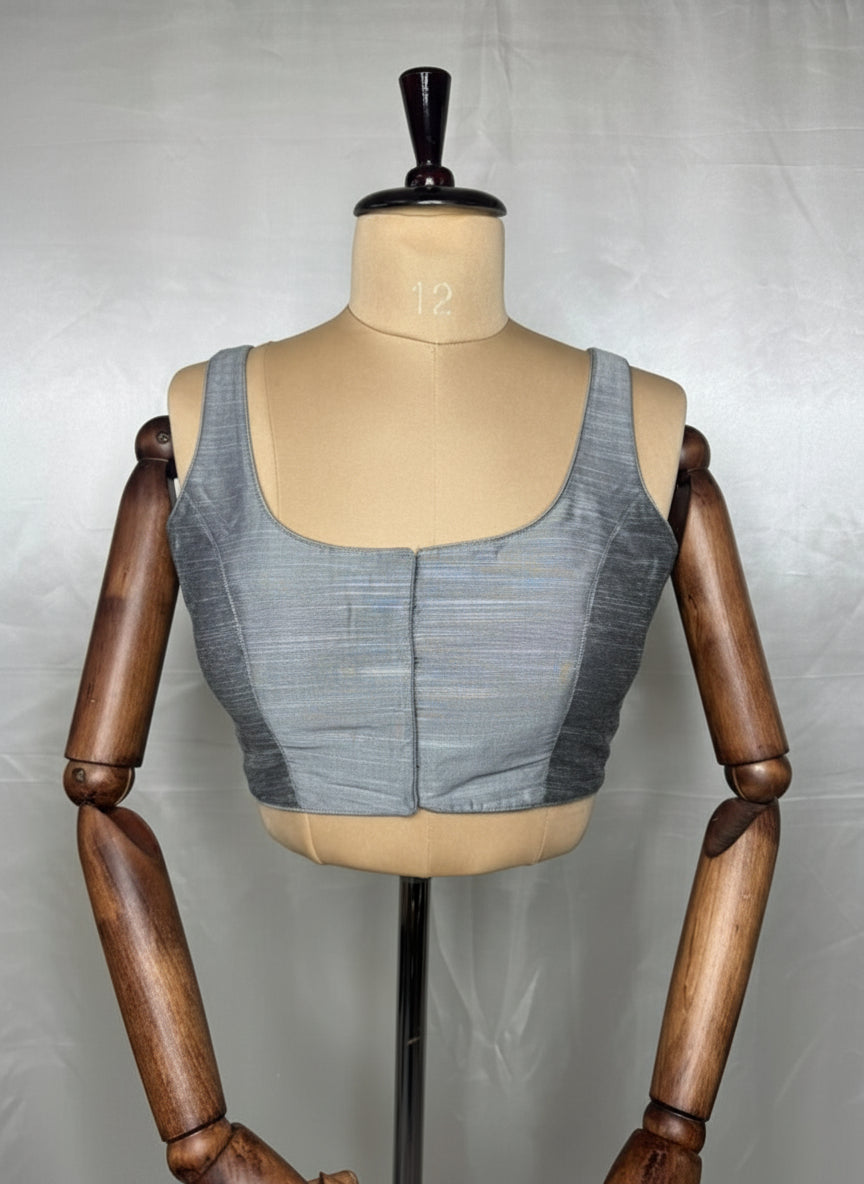 Grey raw silk sleeveless blouse