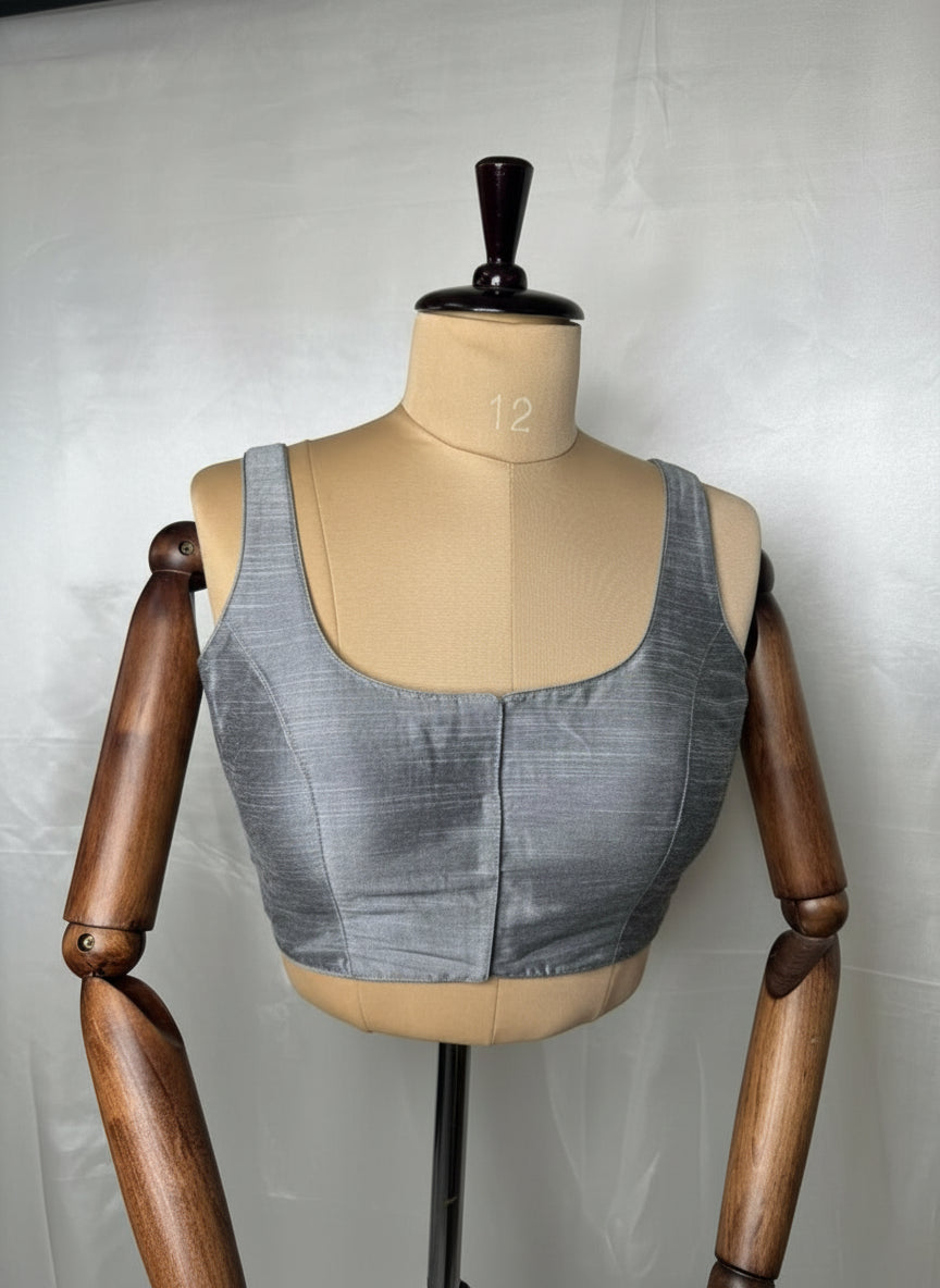 Grey raw silk sleeveless blouse