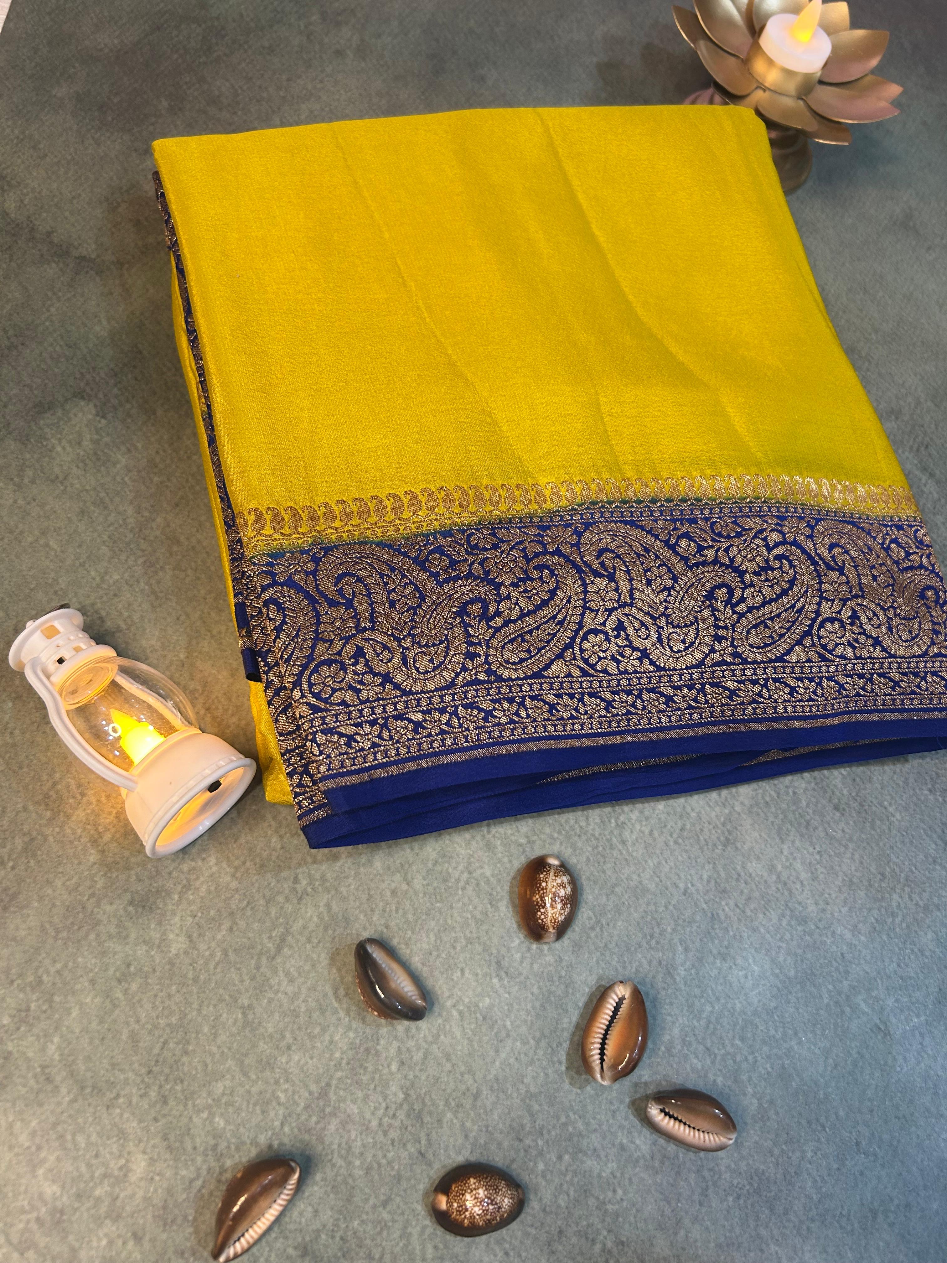 Neon yellow mango design plain pure banrasi crepe silk saree