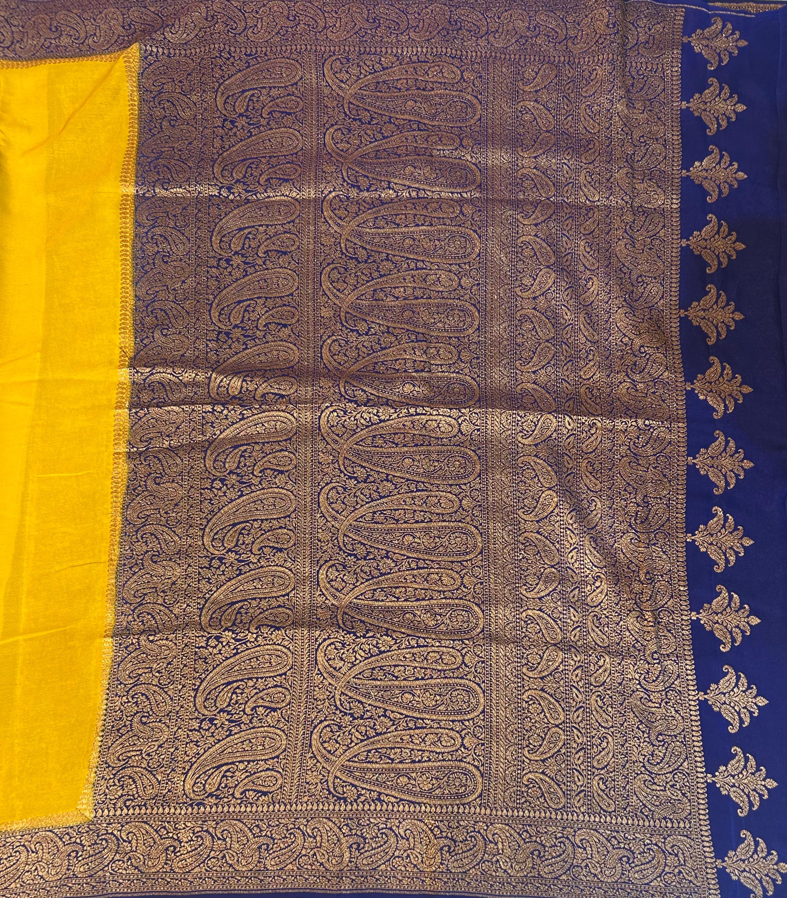 Neon yellow mango design plain pure banrasi crepe silk saree