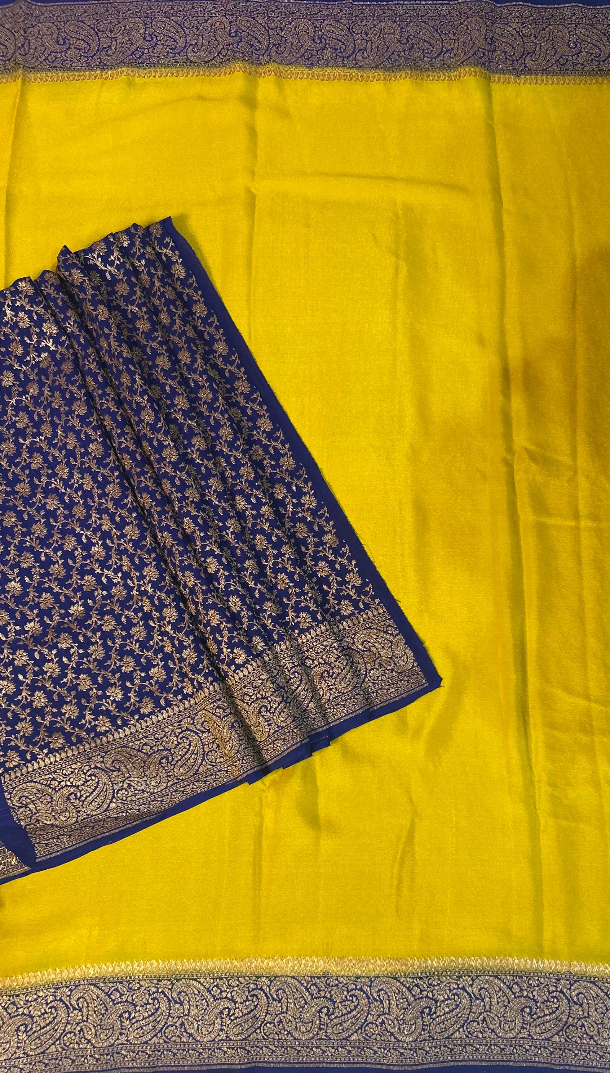 Neon yellow mango design plain pure banrasi crepe silk saree