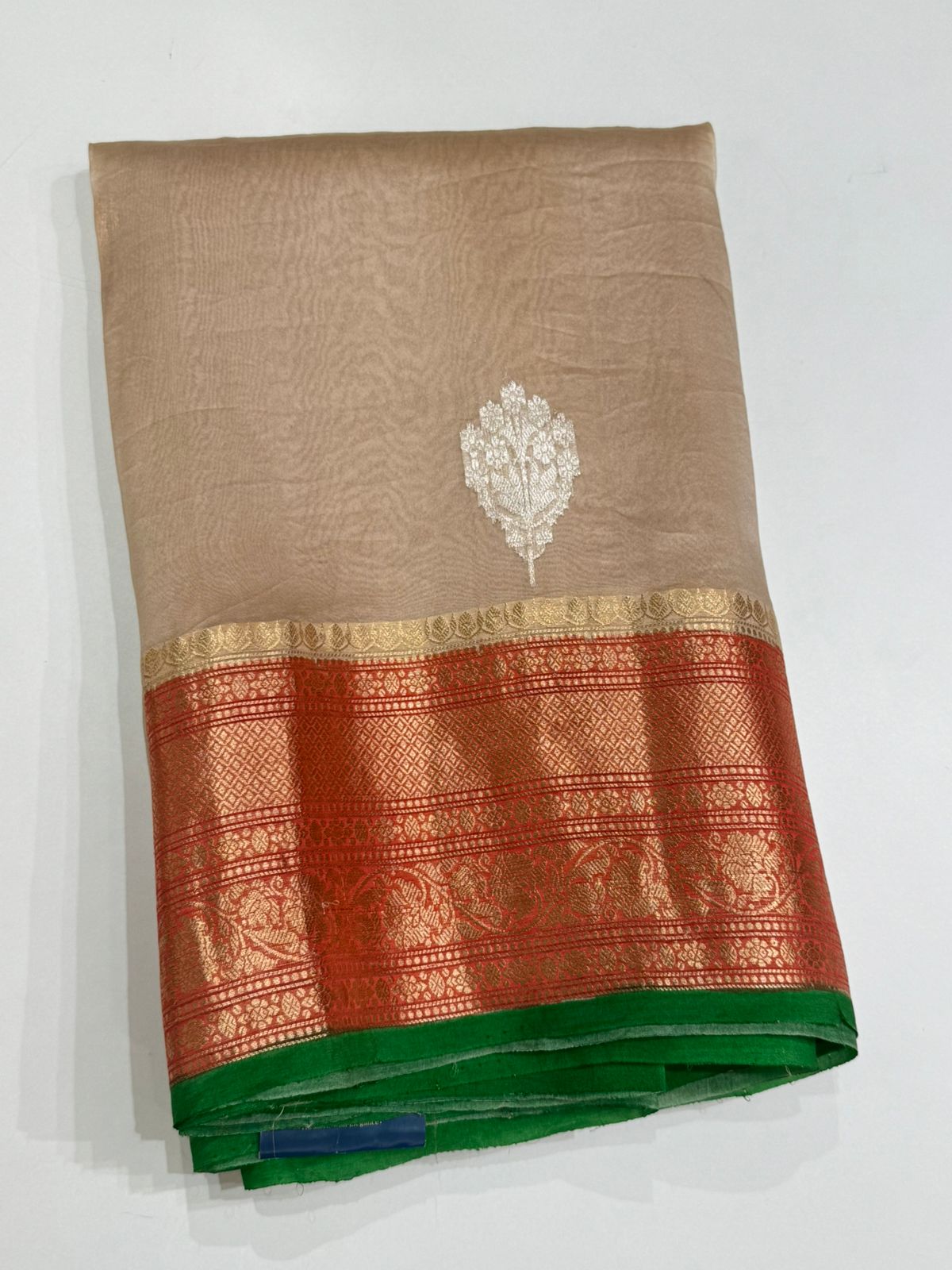 Beige n red pure kora organza silk saree
