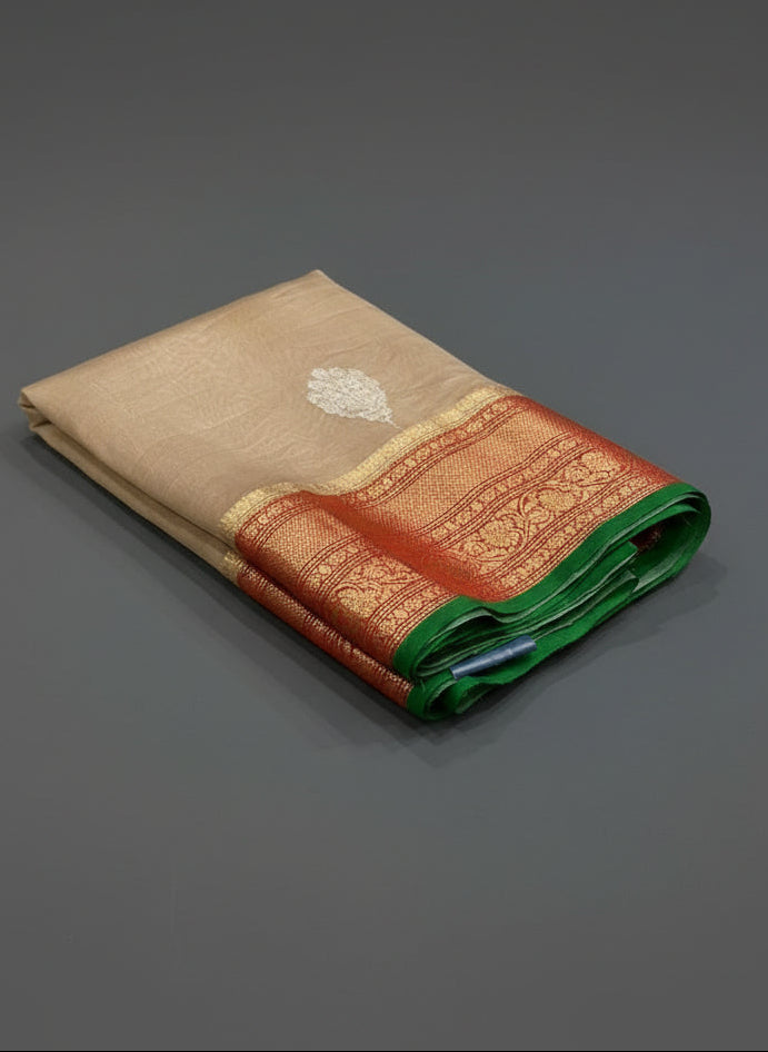 Beige n red pure kora organza silk saree