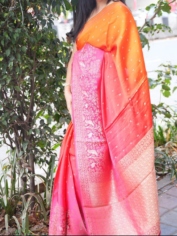 Orange pink mushru 11 satin crepe saree