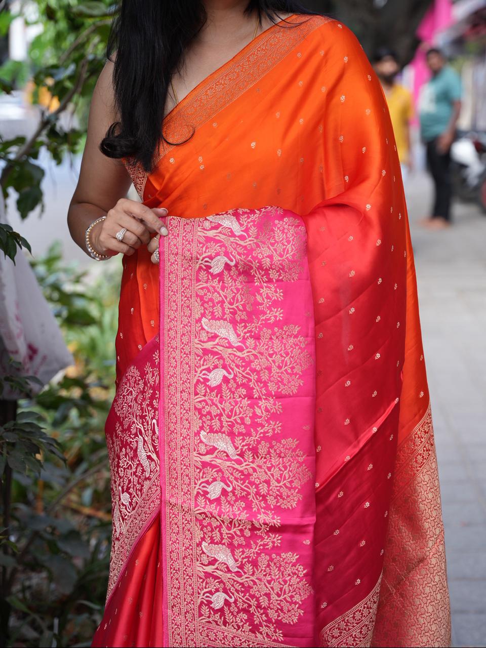 Orange pink mushru 11 satin crepe saree