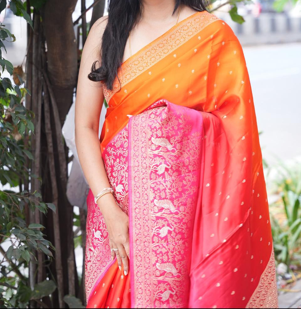 Orange pink mushru 11 satin crepe saree