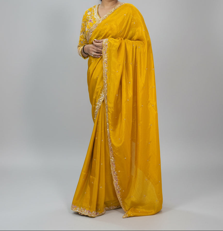 Mustard yellow handwork stitched blouse designer party saree
