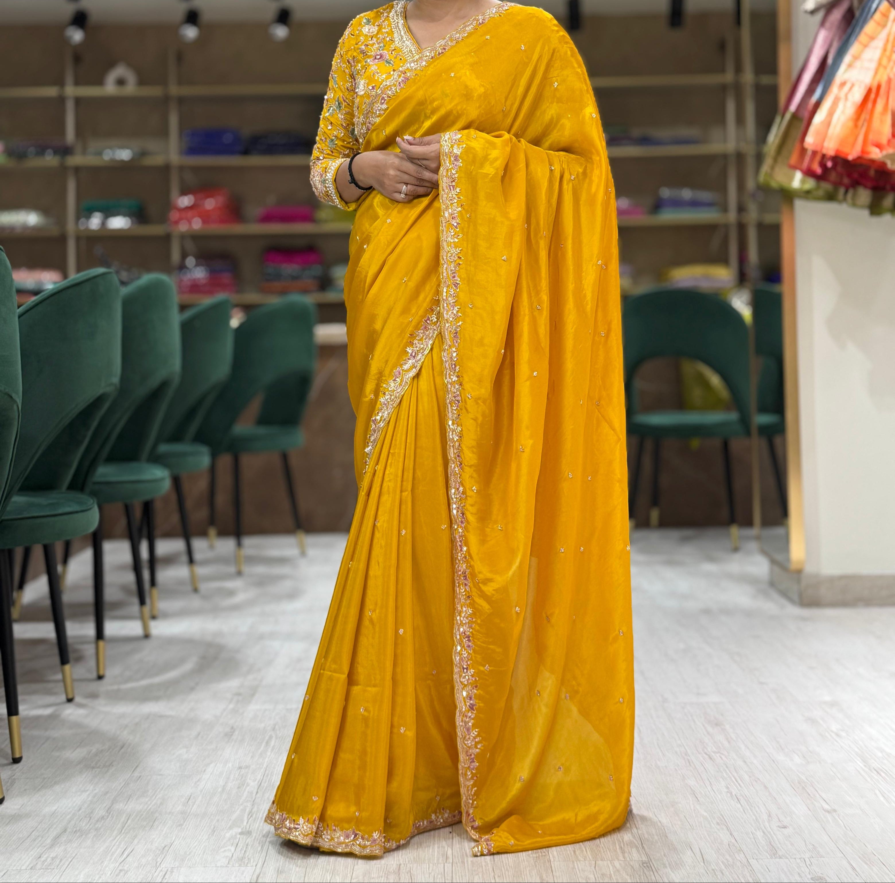 Mustard yellow handwork stitched blouse designer party saree