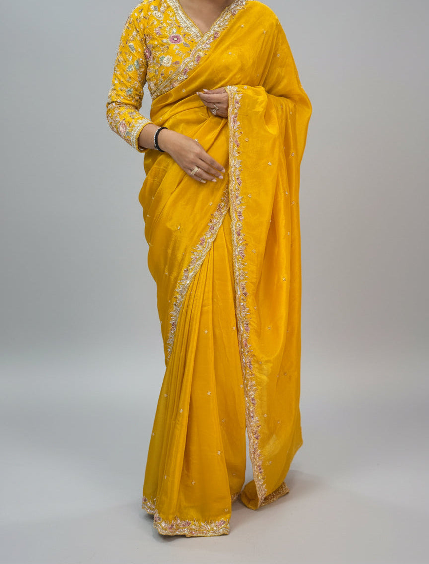Mustard yellow handwork stitched blouse designer party saree