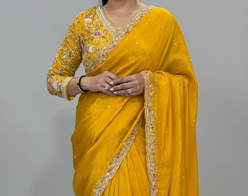 Mustard yellow handwork stitched blouse designer party saree