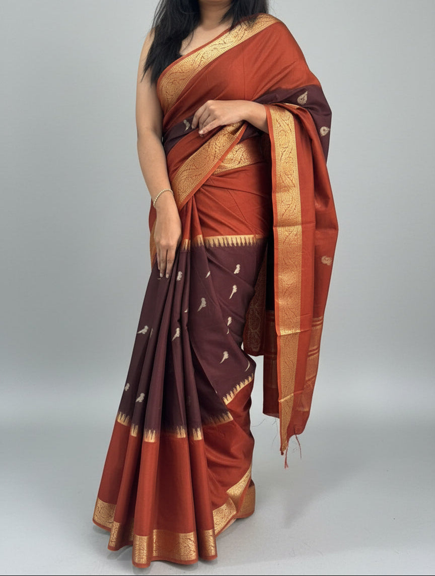 Rust orange n brown premium semi mysore-12 crepe saree