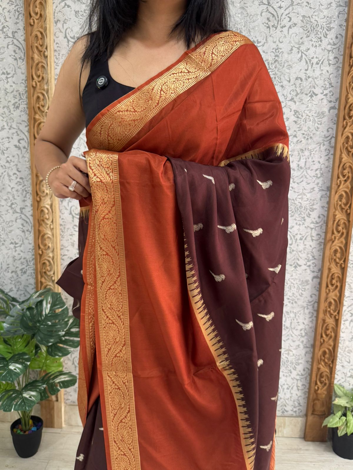 Rust orange n brown premium semi mysore-12 crepe saree