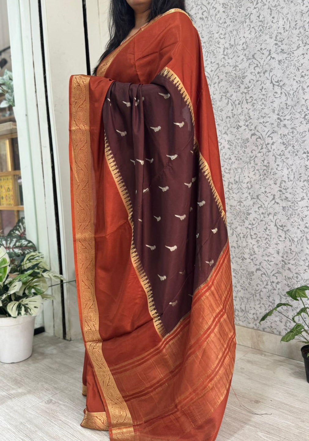 Rust orange n brown premium semi mysore-12 crepe saree