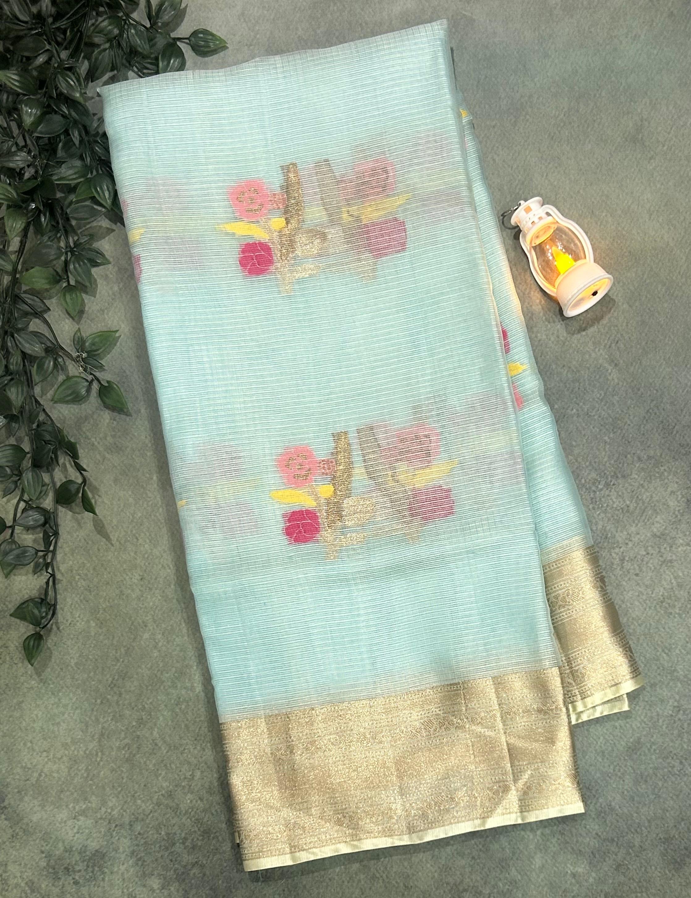 Pastel blue pure kota checks small butta saree
