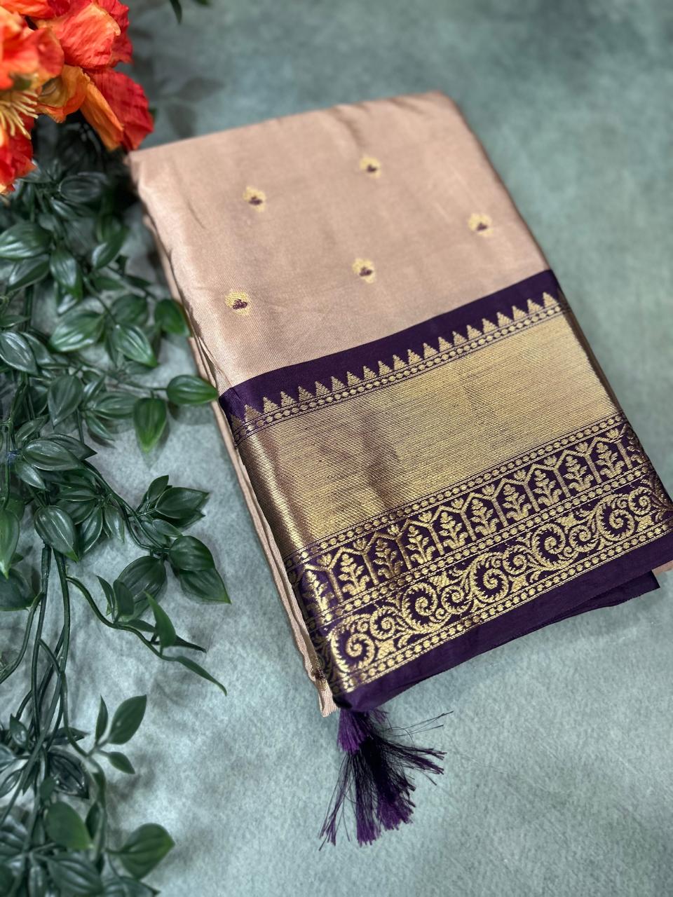 Beige n dark purple small Butta Kanchi-12 saree