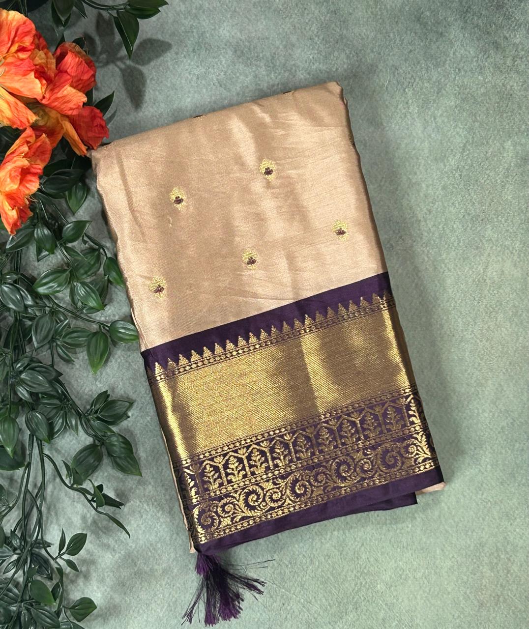 Beige n dark purple small Butta Kanchi-12 saree