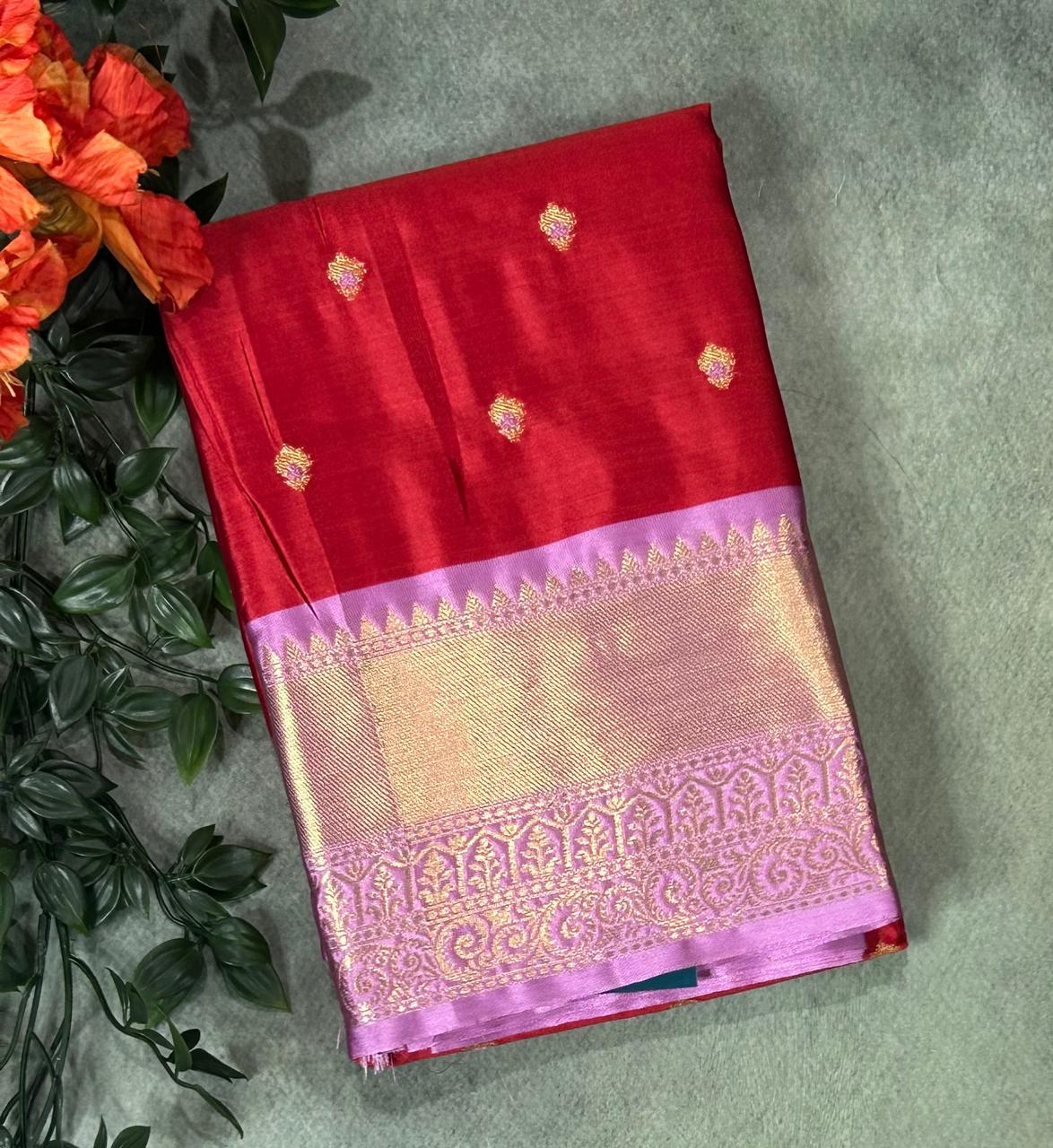 Red n light pink small semi Kanchi-12 saree